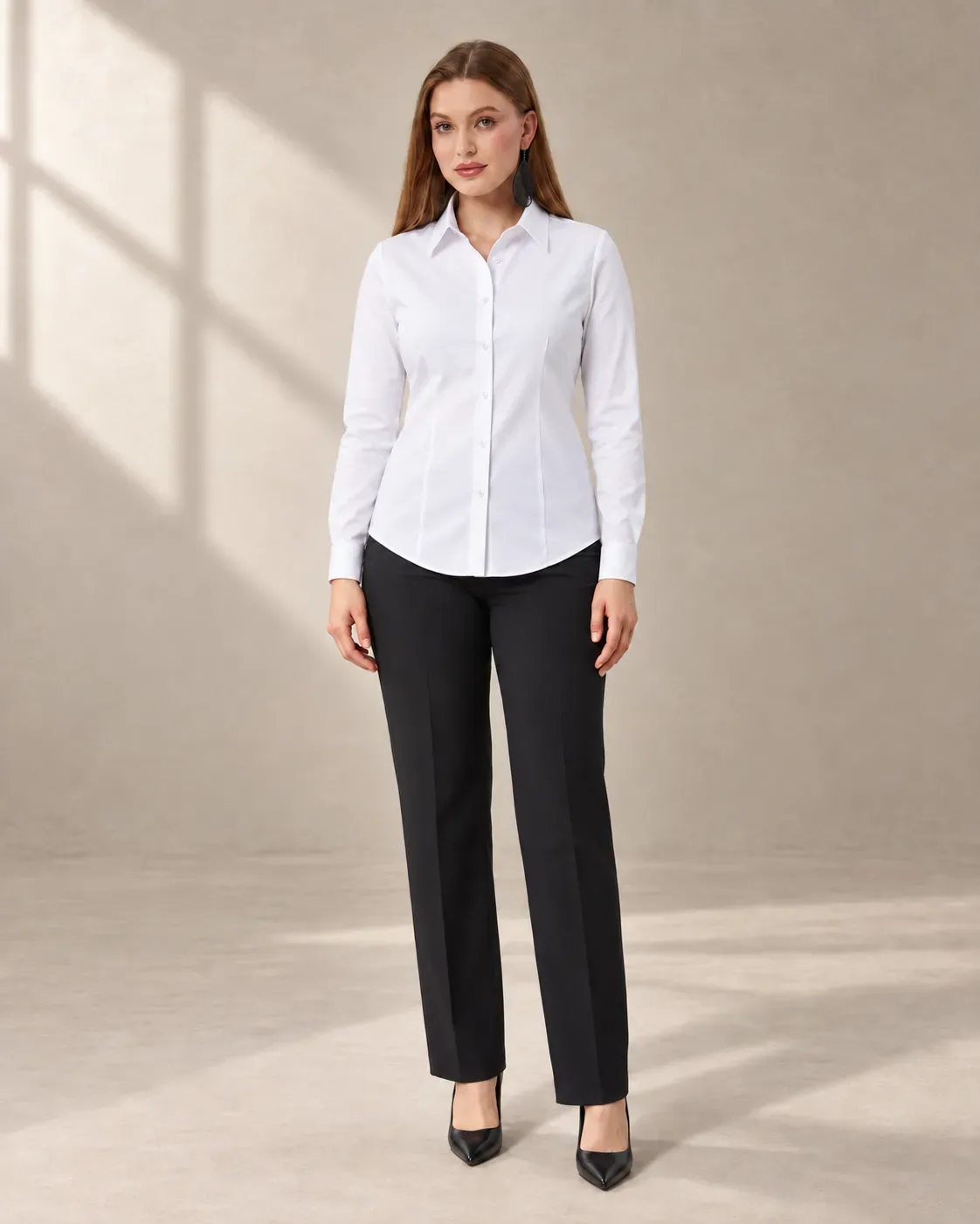 Kadın beyaz pamuk polyester elite slim fit uzun kol gömlek ön görünüm