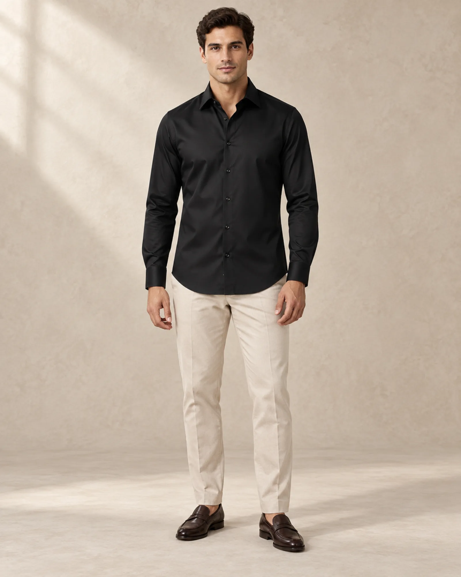 Erkek siyah pamuk saten slim fit uzun kol gömlek ön görünüm