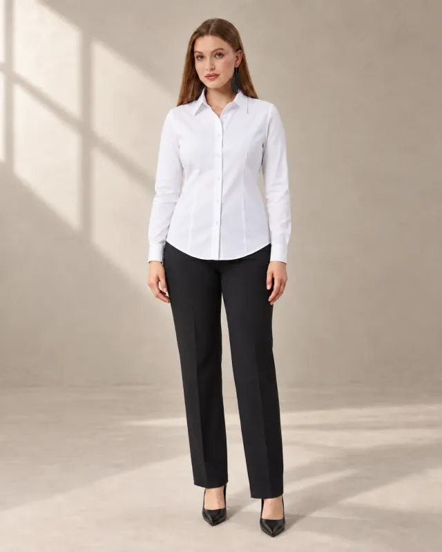 Kadın beyaz pamuk polyester elite slim fit uzun kol gömlek ön görünüm