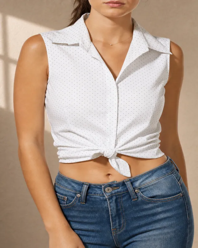 Kadın Beyaz Puantiyeli Pamuk Polyester Slim Fit Kolsuz Gömlek ürün görseli 1