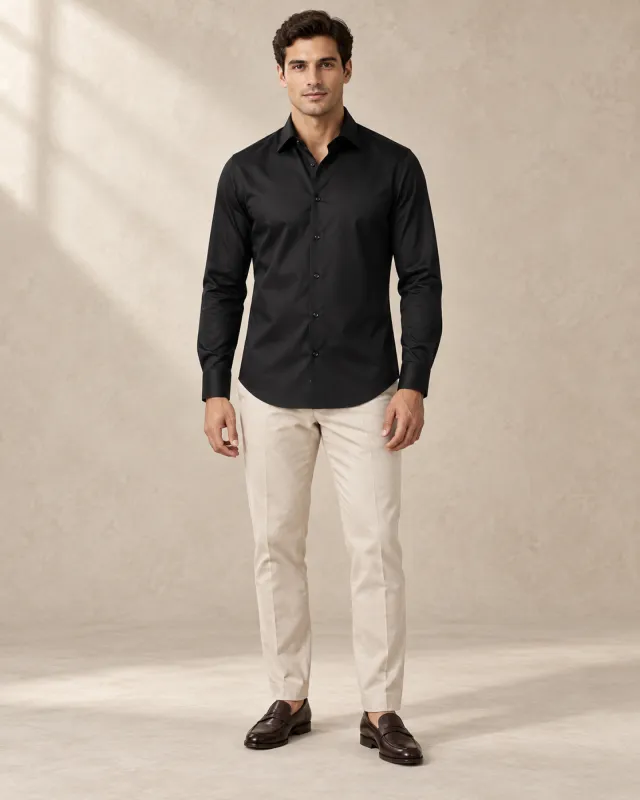 Erkek siyah pamuk saten slim fit uzun kol gömlek ön görünüm