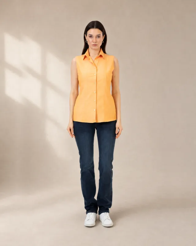 Kadın oranj pamuk polyester slim fit kolsuz gömlek ön görünüm
