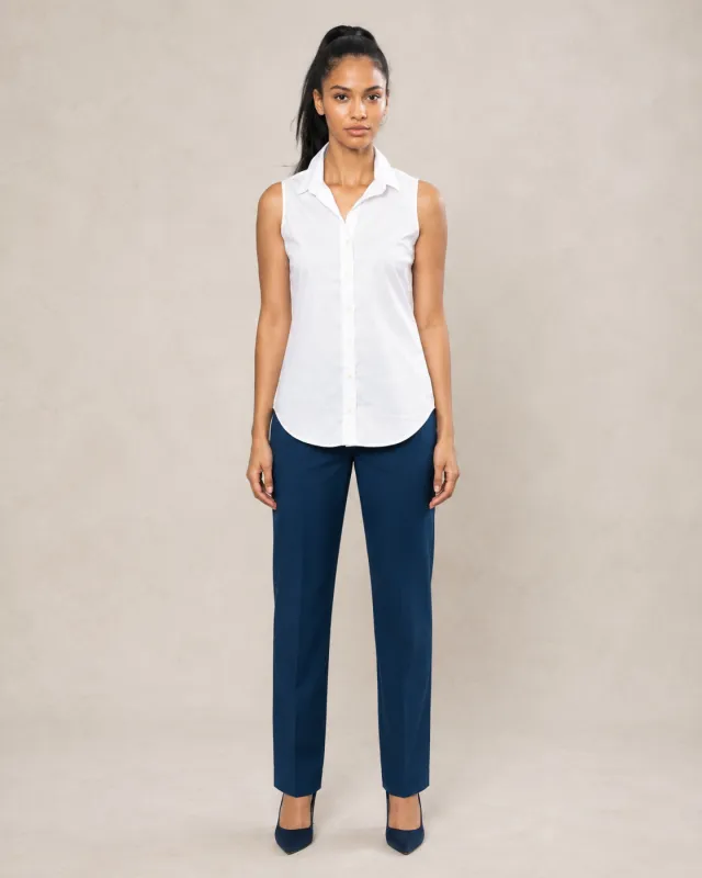 Kadın beyaz pamuk saten elite slim fit kolsuz gömlek ön görünüm