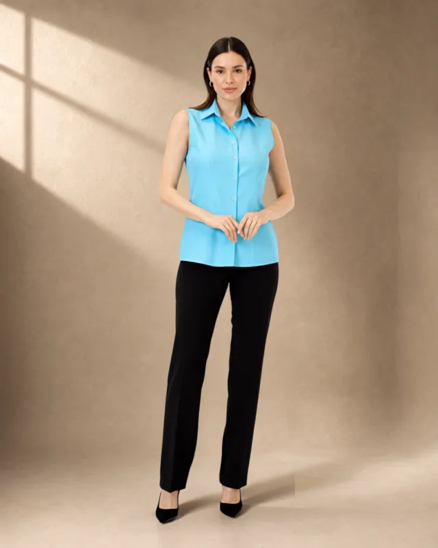 Kadın Turkuaz Pamuk Polyester Slim Fit Kolsuz Gömlek ürün görseli 1