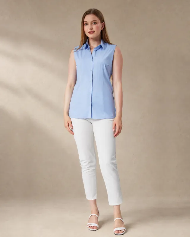 Kadın mavi pamuk polyester slim fit kolsuz gömlek ön görünüm